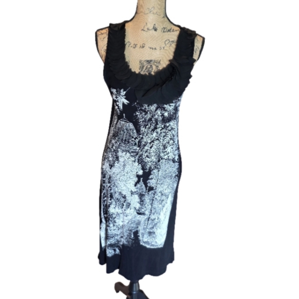 MNG by Mango Black White‎ Garden Scene Ruffle Neck Sleeveless Midi Dress Size M